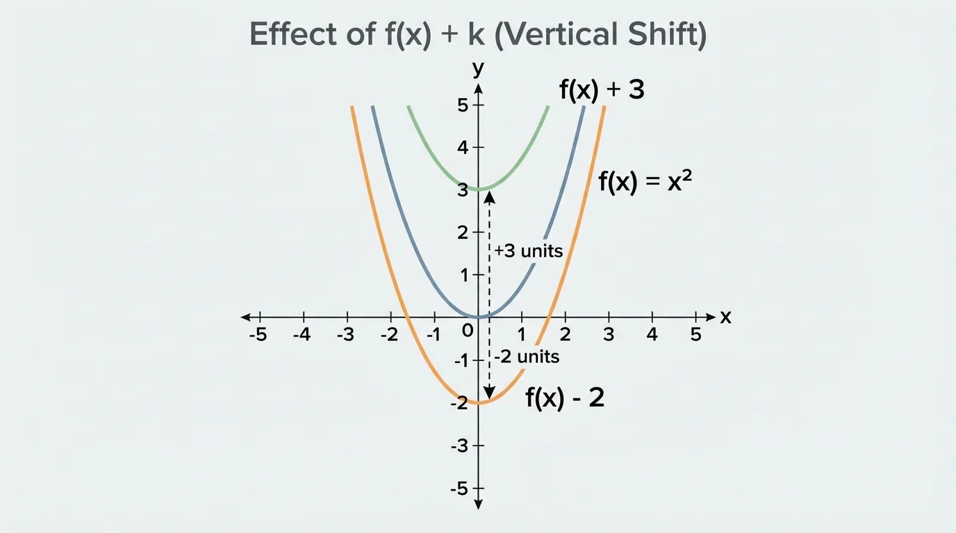 Coordinate plane with original parabola and copies shifted up 3 units and down 2 units, same shape highlighted