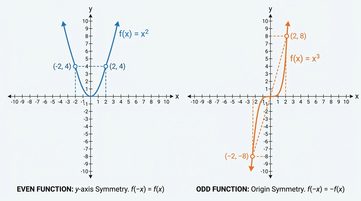 Two coordinate planes showing an even parabola with y-axis symmetry and an odd cubic with origin symmetry
