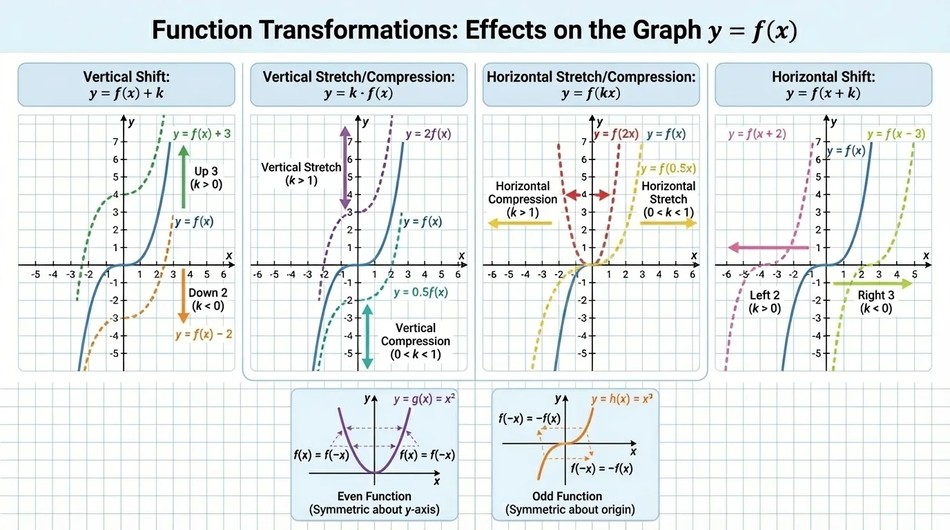 Coordinate plane with original curve, horizontally compressed and stretched versions, plus left-shifted version marked to compare input-based changes