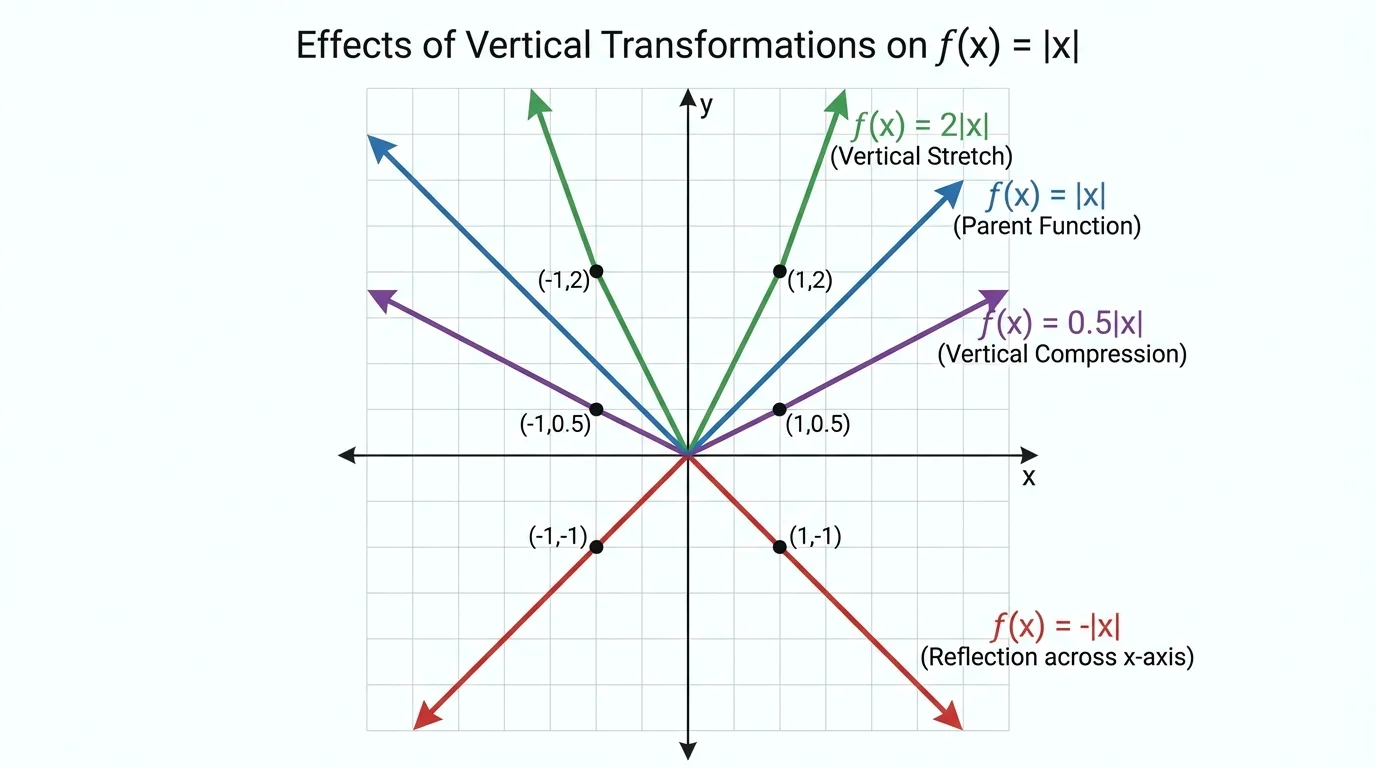 Coordinate plane comparing absolute value graph with vertically stretched, compressed, and reflected versions