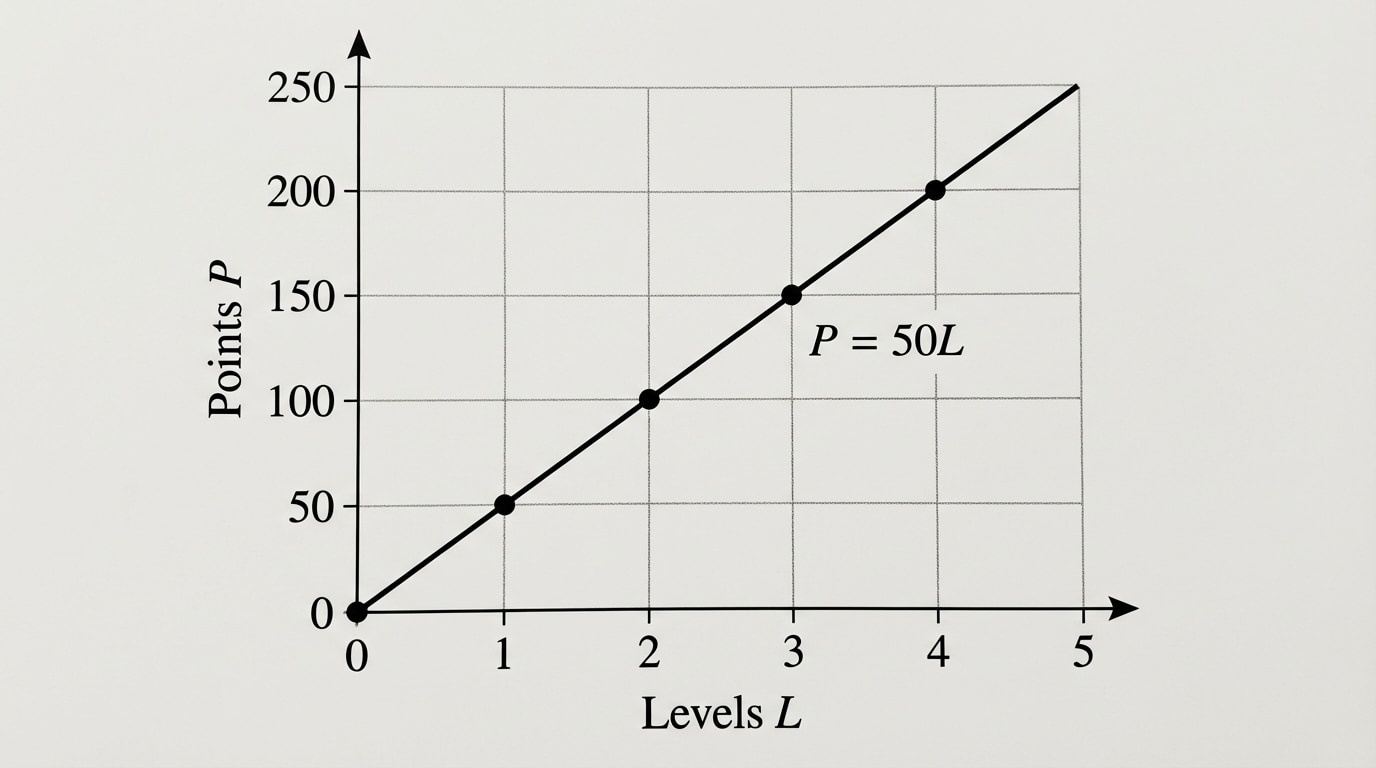 A coordinate grid with horizontal axis labeled Levels L and vertical axis labeled Points P, points (0,0), (1,50), (2,100), (3,150), (4,200) connected by a straight line, and the equation P = 50L written nearby