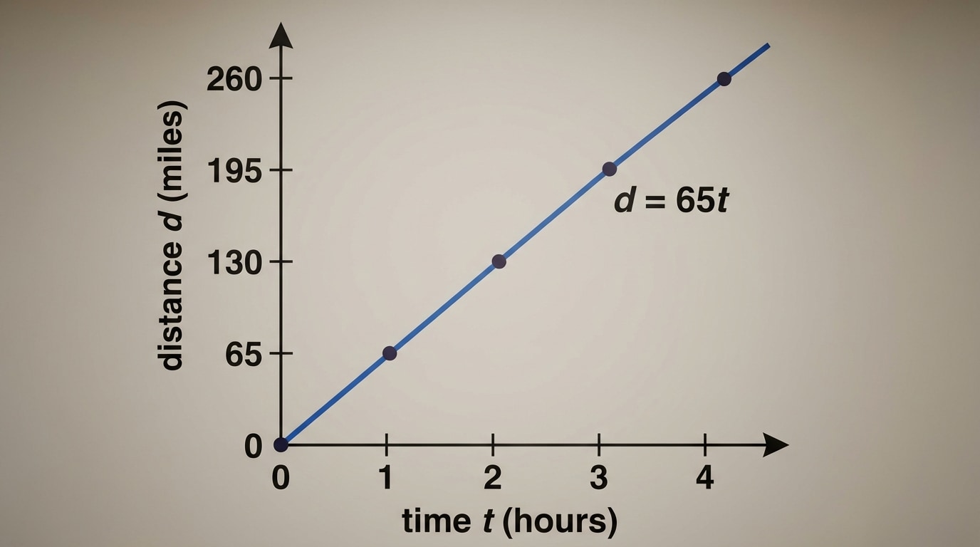 A coordinate plane with horizontal axis labeled time t (hours) and vertical axis labeled distance d (miles), plotted points (0,0), (1,65), (2,130), (3,195), (4,260), with a straight line through them and the equation d = 65t written beside the line