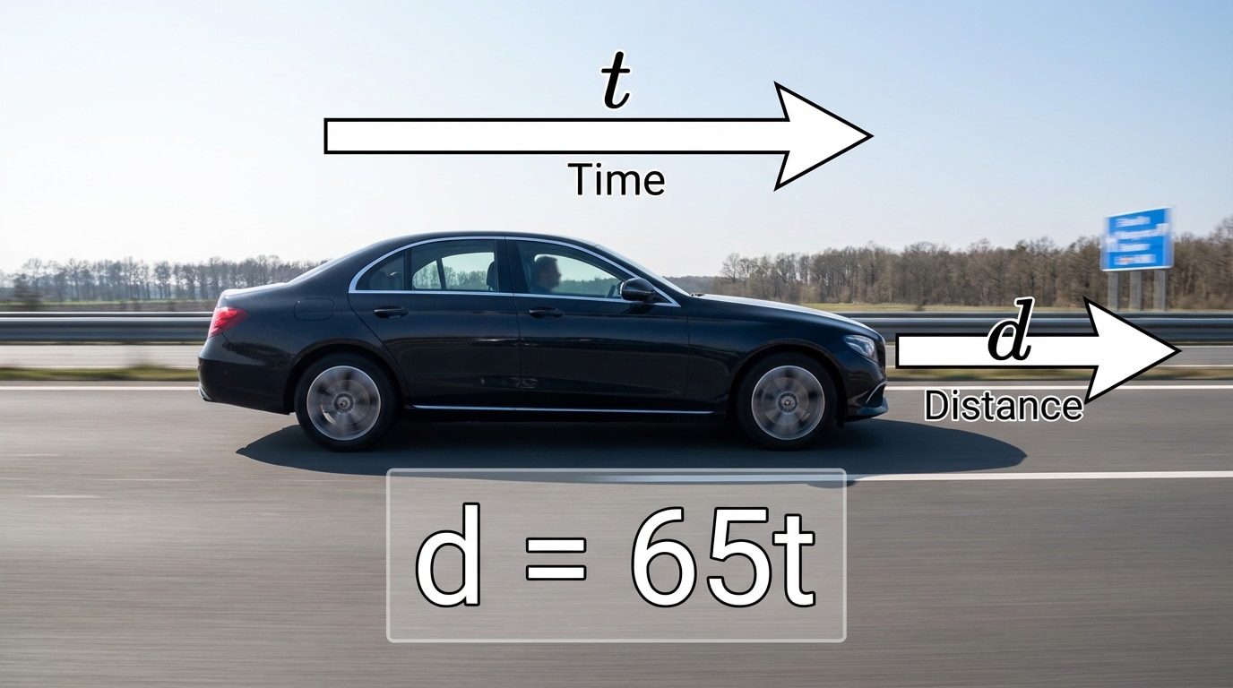 A real-world scene of a car on a highway with arrows showing time increasing to the right and distance increasing forward, labeled with t for time and d for distance, and the equation d = 65t nearby