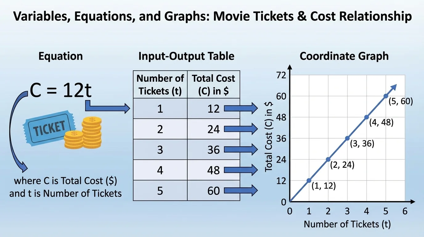 small input-output table and matching coordinate graph for number of movie tickets and total cost, with points increasing in a straight pattern