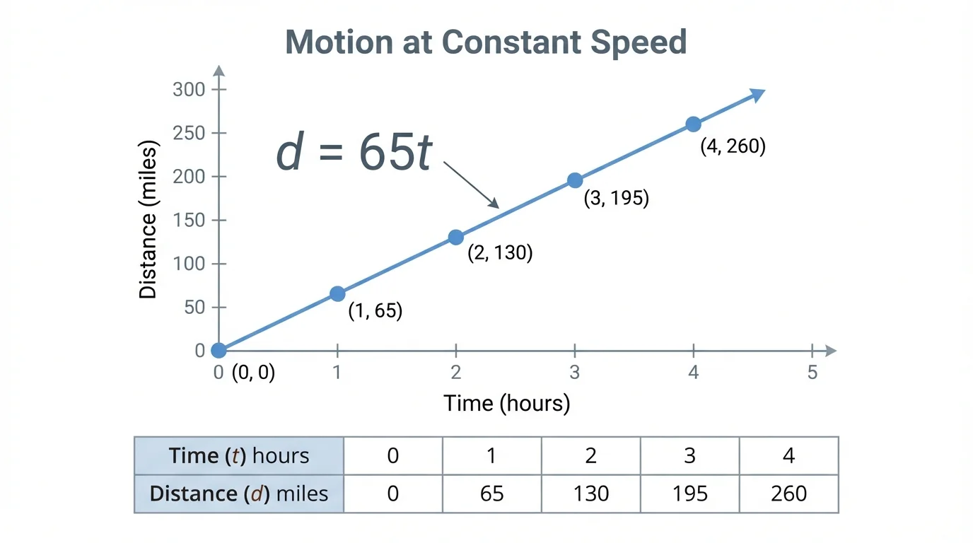 coordinate graph with time on the horizontal axis and distance on the vertical axis, plotted points for 0 to 4 hours at a constant speed forming a straight rising line