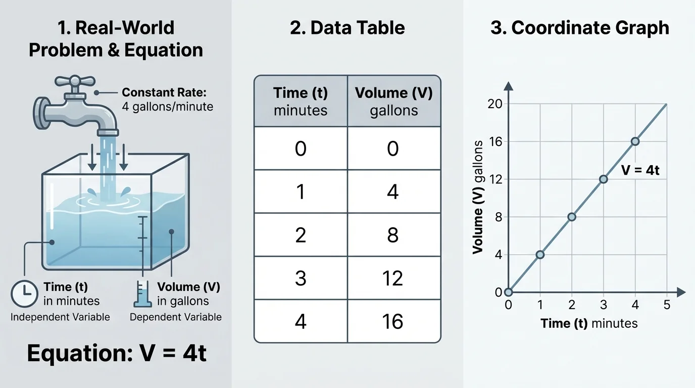 three-panel comparison showing a water-filling relationship with the equation form, a small minutes-to-gallons table, and a straight-line coordinate graph
