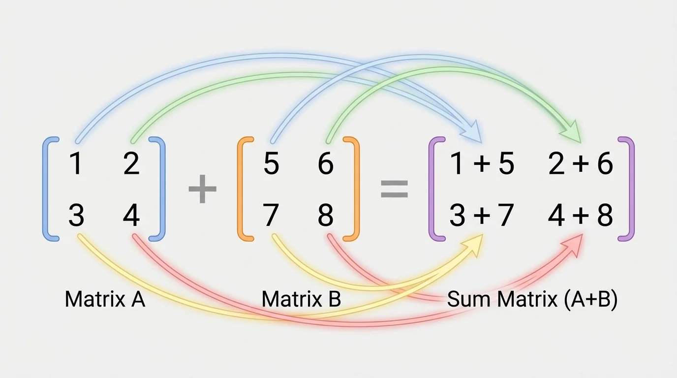 Two 2x2 matrices side by side with arrows from each pair of corresponding entries to their sum in a third 2x2 matrix