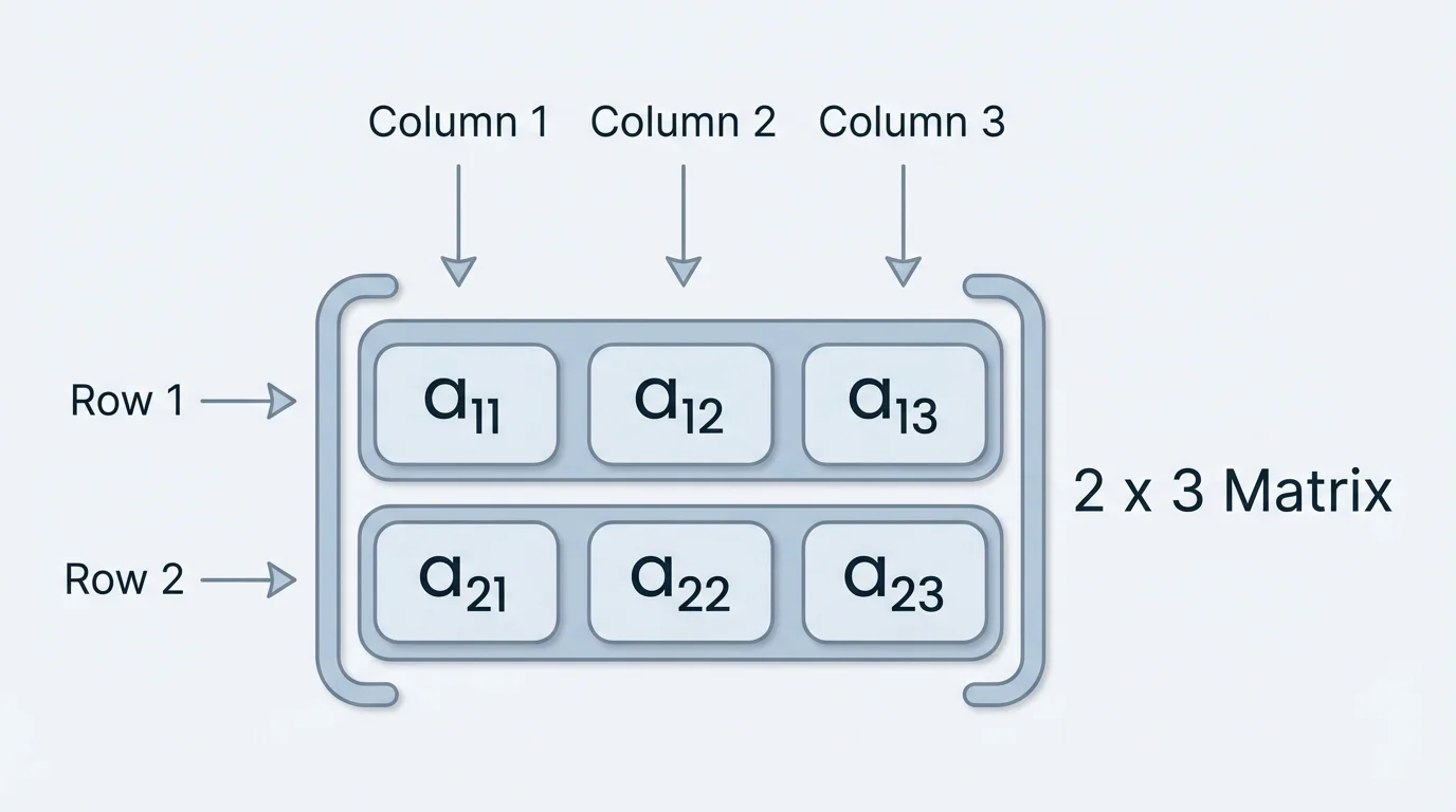 A 2-by-3 matrix with its 2 rows and 3 columns labeled, and the size noted as "2 x 3" beside it