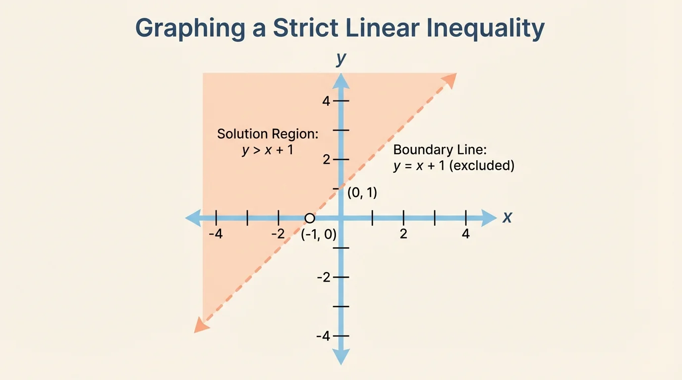 Coordinate plane showing a dashed diagonal boundary line with the region above the line shaded for a strict linear inequality