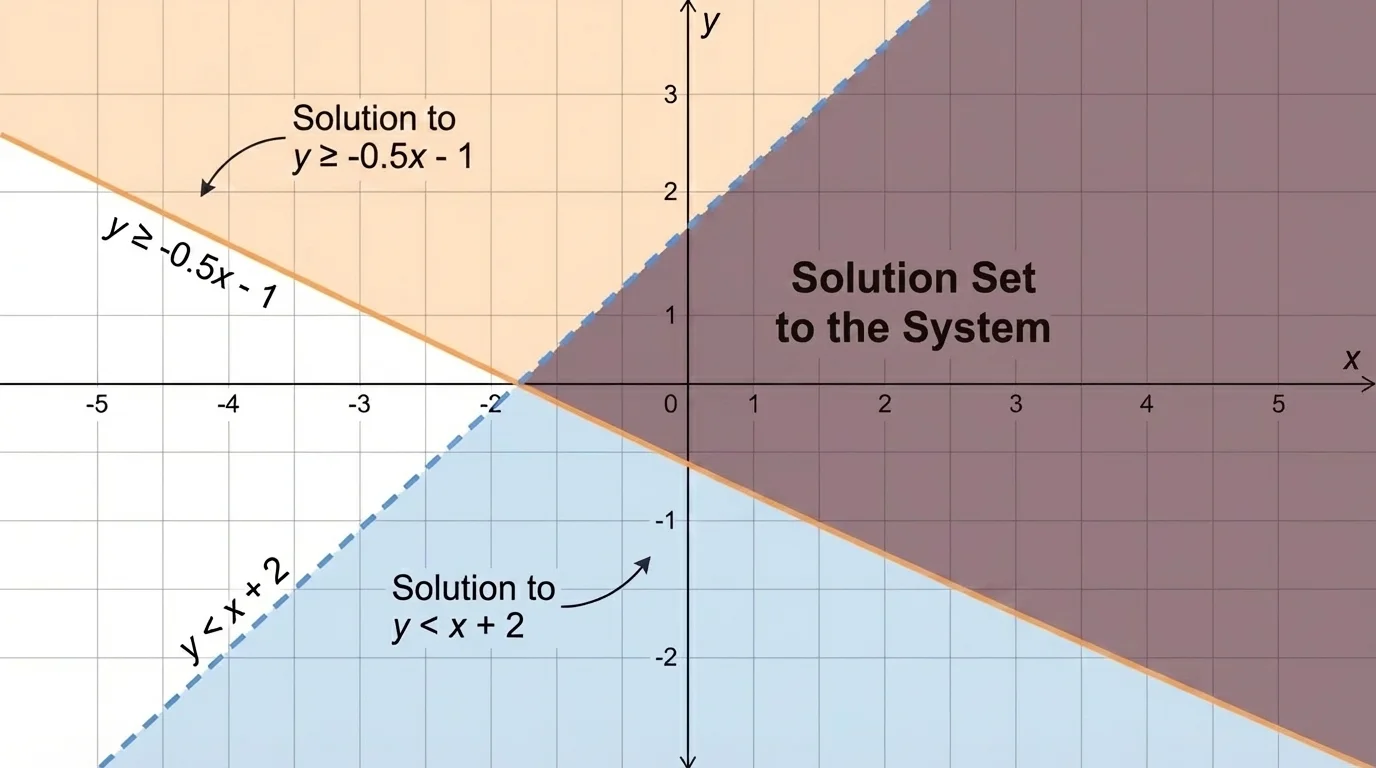 Coordinate plane with two boundary lines and two shaded half-planes whose darker overlap forms a triangular intersection region
