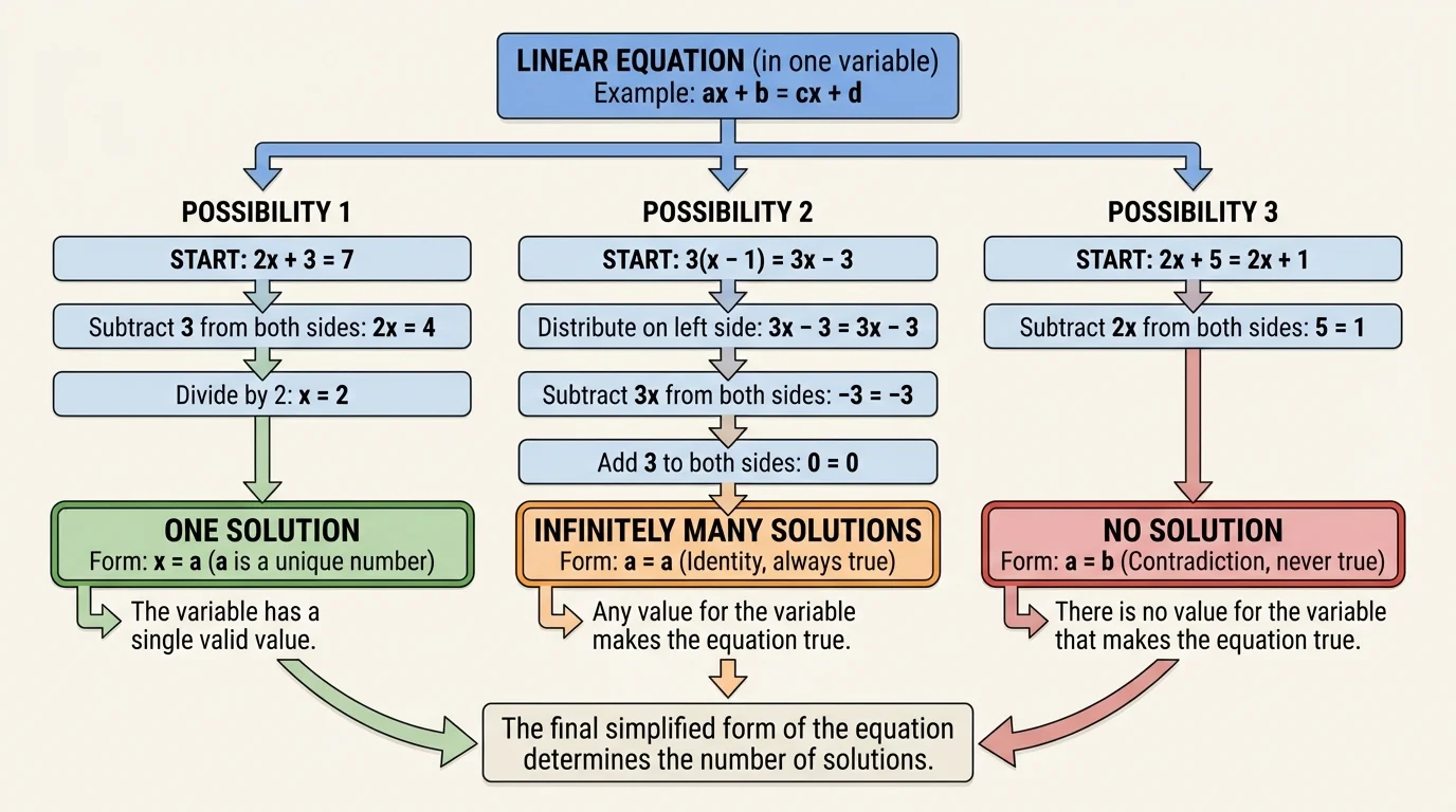 Flowchart showing a linear equation being simplified into three final forms x equals a, a equals a, and a equals b with labels one solution, infinitely many solutions, and no solution