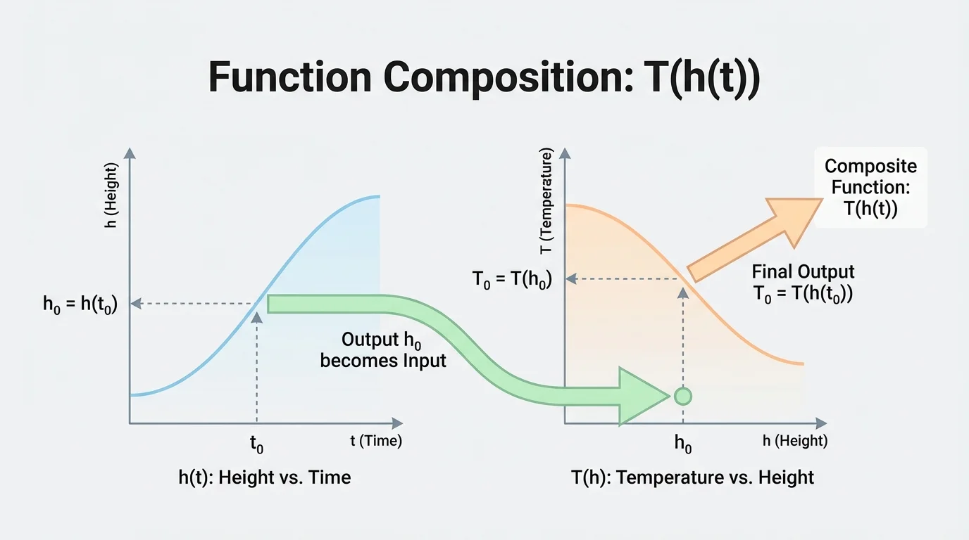 Coordinate graph with two simple functions and arrows tracing an input through g then f to show composition order