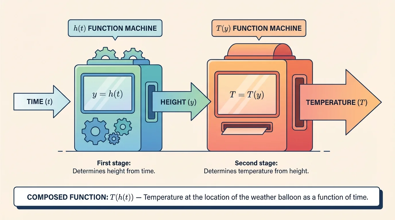 Two connected function machines labeled h(t) for height from time and T(y) for temperature from height, showing arrows from time to height to temperature