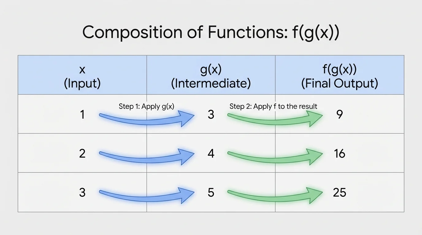 Small table of x, g(x), and f(g(x)) values with arrows indicating the lookup process from x to g(x) to f(g(x))
