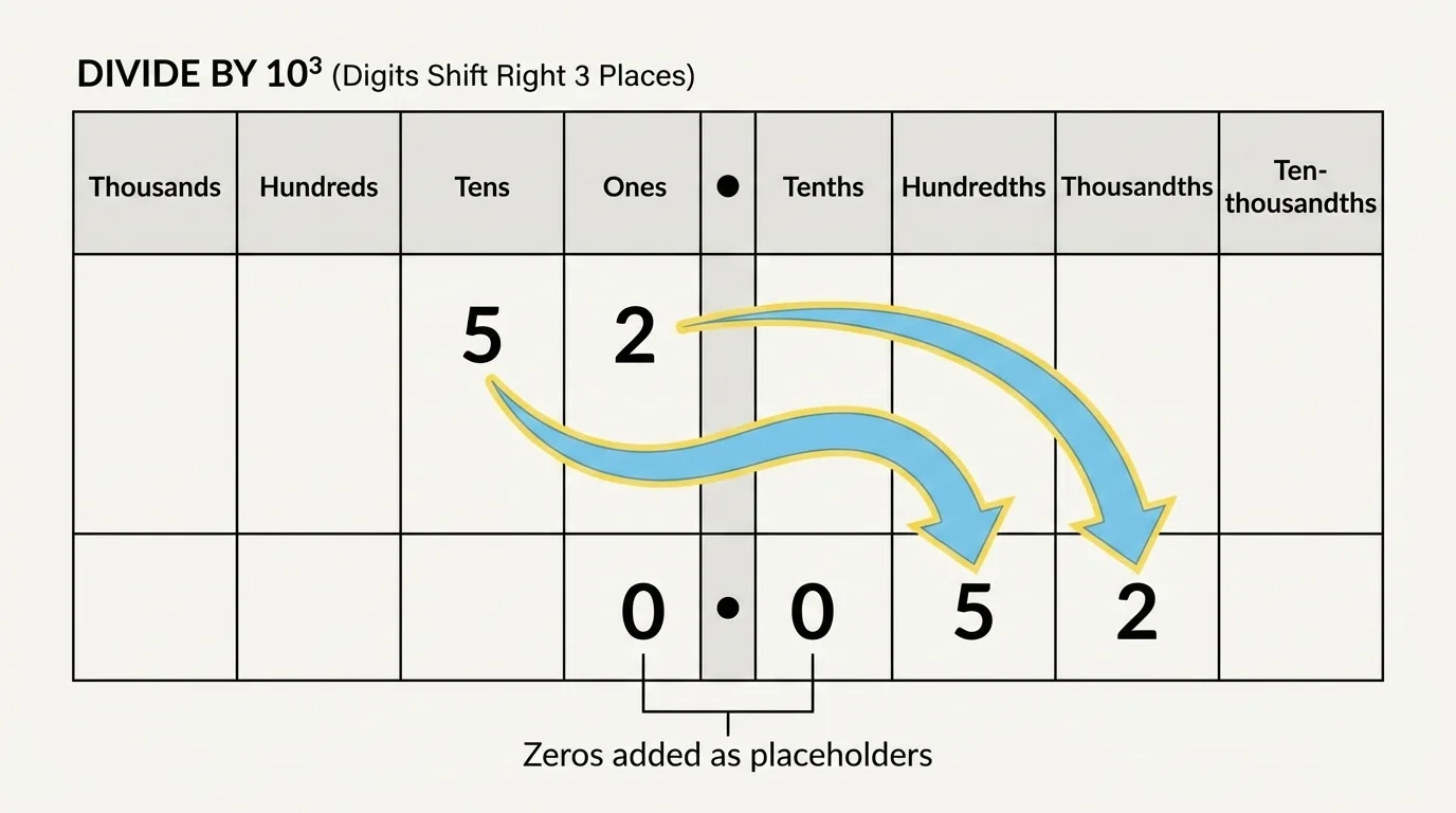 place value chart showing 52 shifting right three places to become 0.052 with zeros added as placeholders in ones and tenths columns