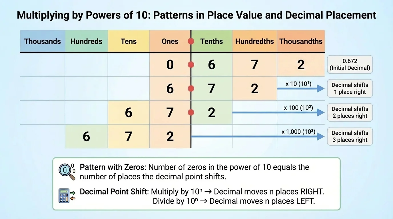 place value chart showing 0.672 shifting left one, two, and three places to become 6.72, 67.2, and 672 when multiplied by 10, 100, and 1,000