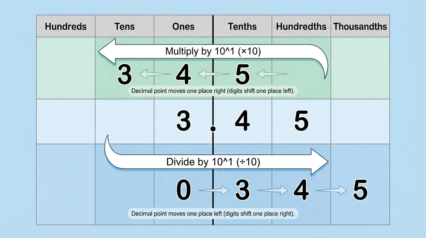 place value chart with columns hundreds, tens, ones, tenths, hundredths, thousandths showing 3.45 shifting left one place for multiplying by 10 and right one place for dividing by 10