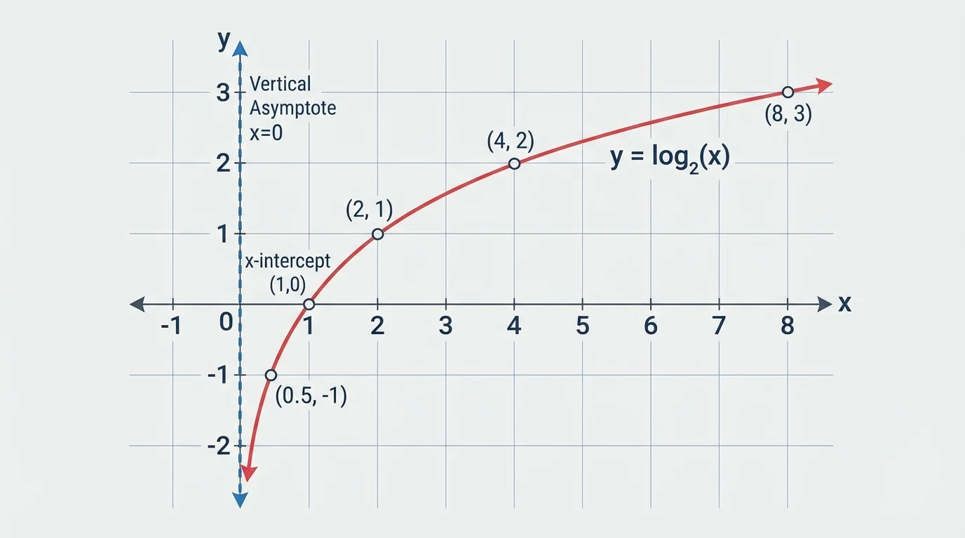 coordinate plane showing an increasing logarithmic curve labeled with x-intercept at (1,0), vertical asymptote x=0, and a few sample points