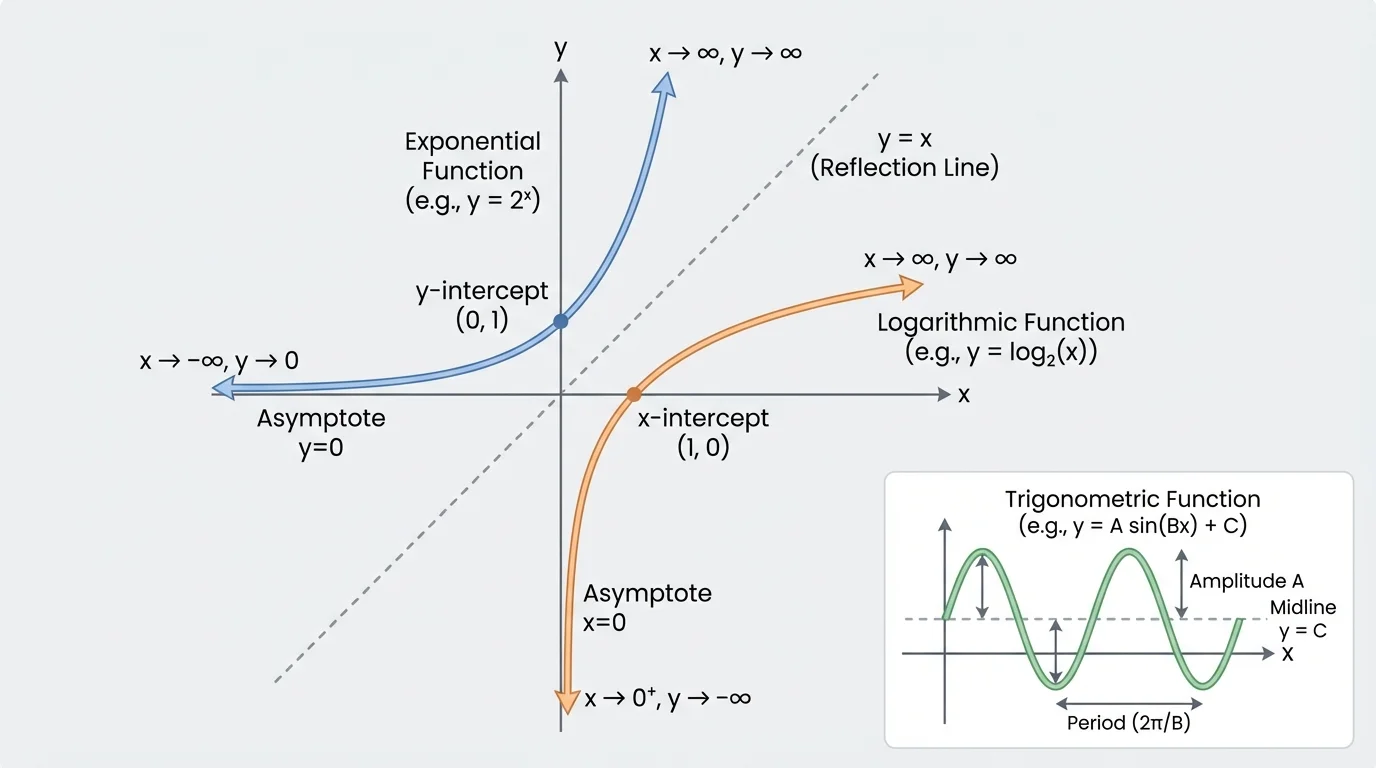 coordinate plane showing an exponential curve, a logarithmic curve, and the dashed line y=x to highlight reflection symmetry