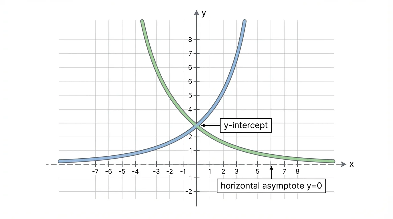coordinate plane with one exponential growth curve and one exponential decay curve, each labeled with y-intercept and the horizontal asymptote y=0