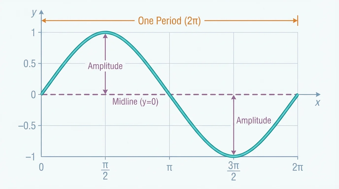 sine curve on a coordinate plane with a dashed midline, vertical markers for amplitude, and one full period clearly bracketed