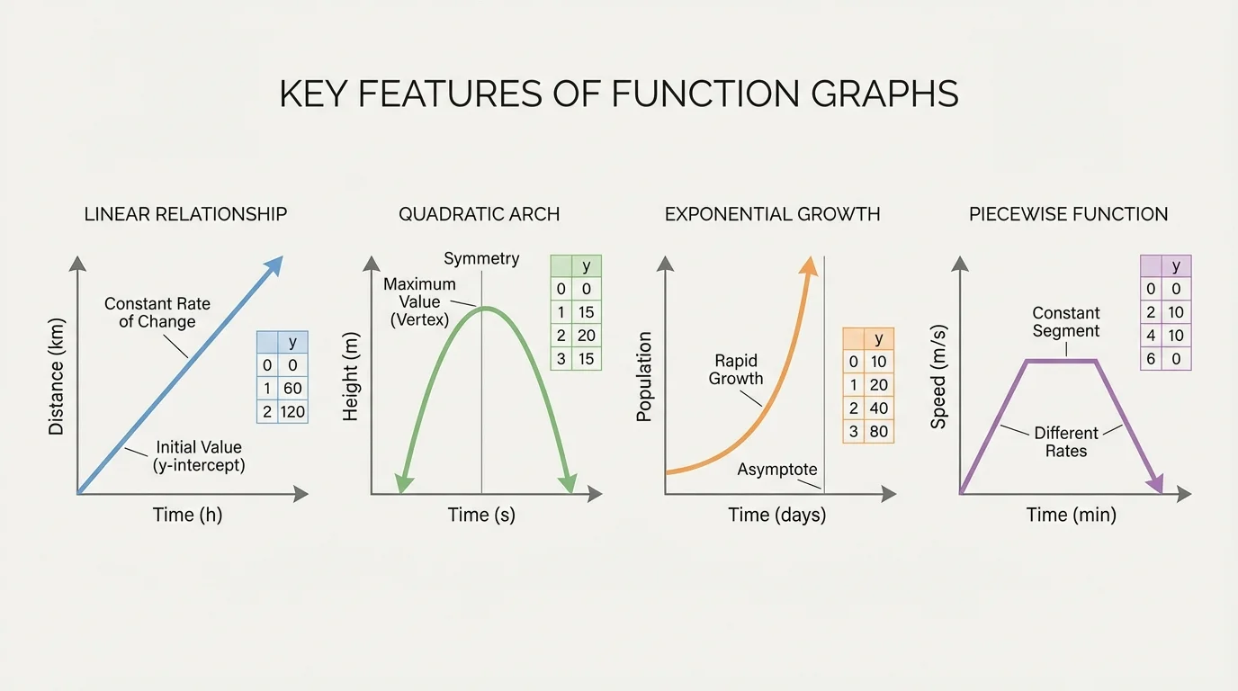 four small coordinate graphs side by side showing a linear graph, a quadratic arch, an exponential growth curve, and a piecewise graph with a flat segment