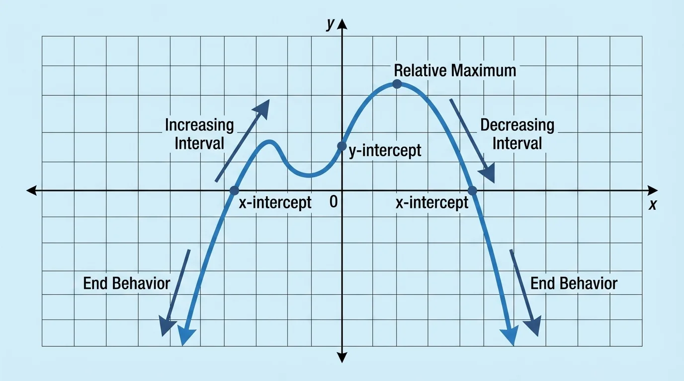 coordinate graph of a curved function labeled with x-intercept, y-intercept, increasing interval, decreasing interval, relative maximum, and arrows showing end behavior
