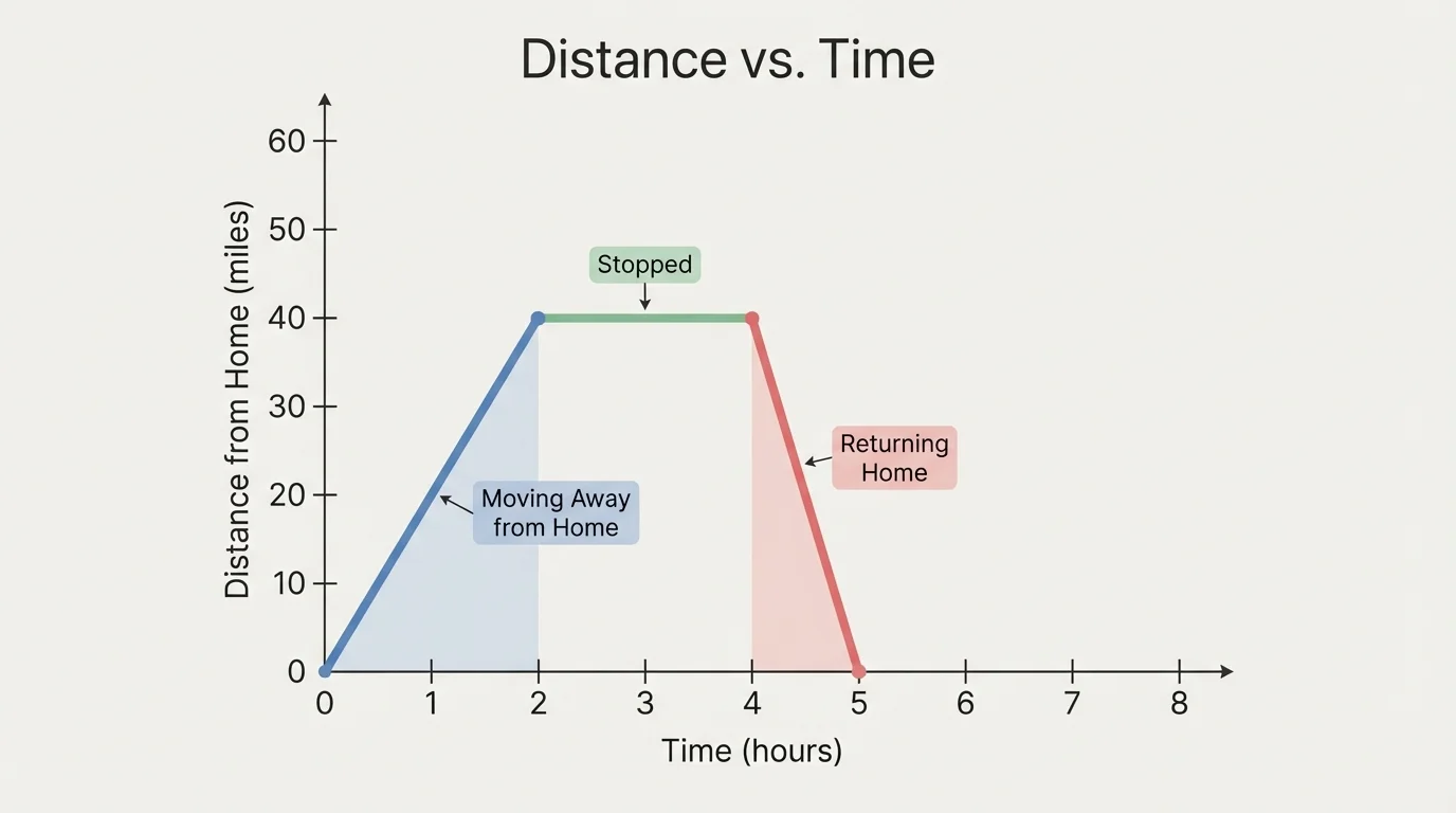 coordinate plane graph of distance from home versus time with an increasing line, a horizontal segment, and a steeper decreasing line back to zero