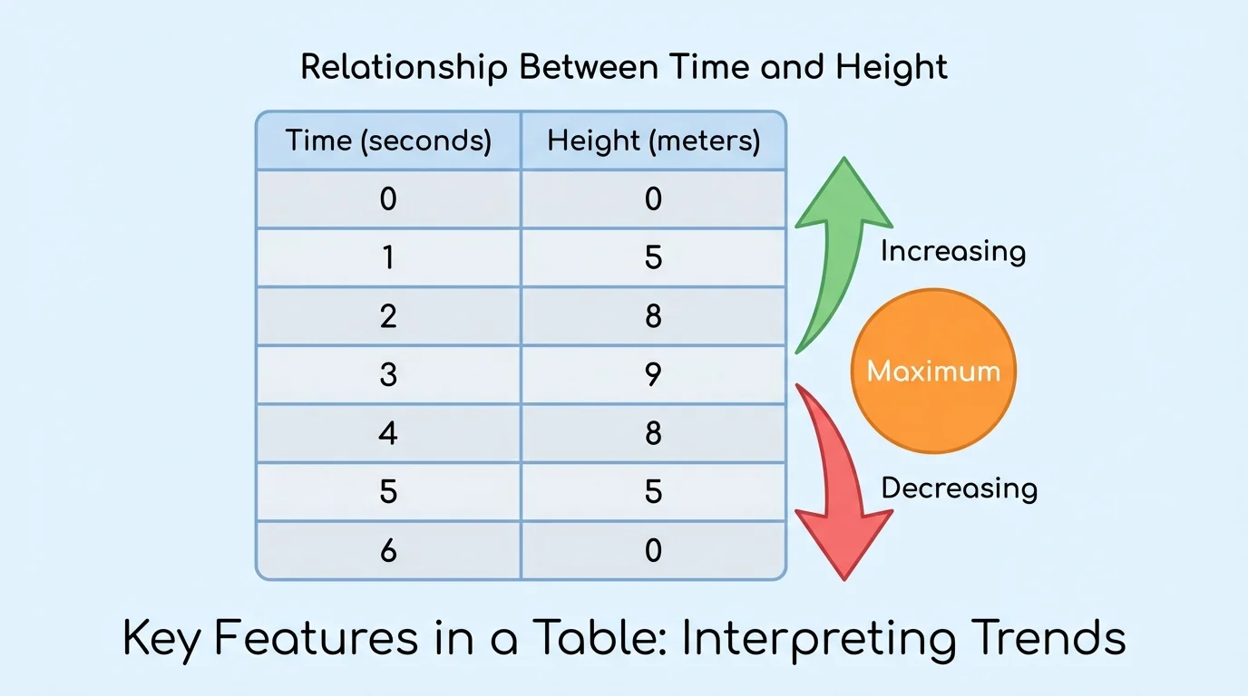 two-column table of time and height values showing the output rising to a maximum and then falling, with arrows highlighting the trend change