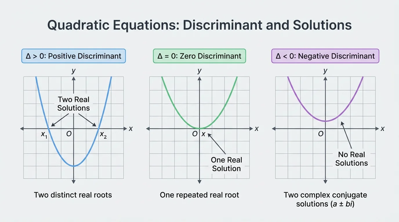 Three small coordinate graphs side by side: parabola crossing x-axis twice, touching once, and not crossing, representing positive, zero, and negative discriminant