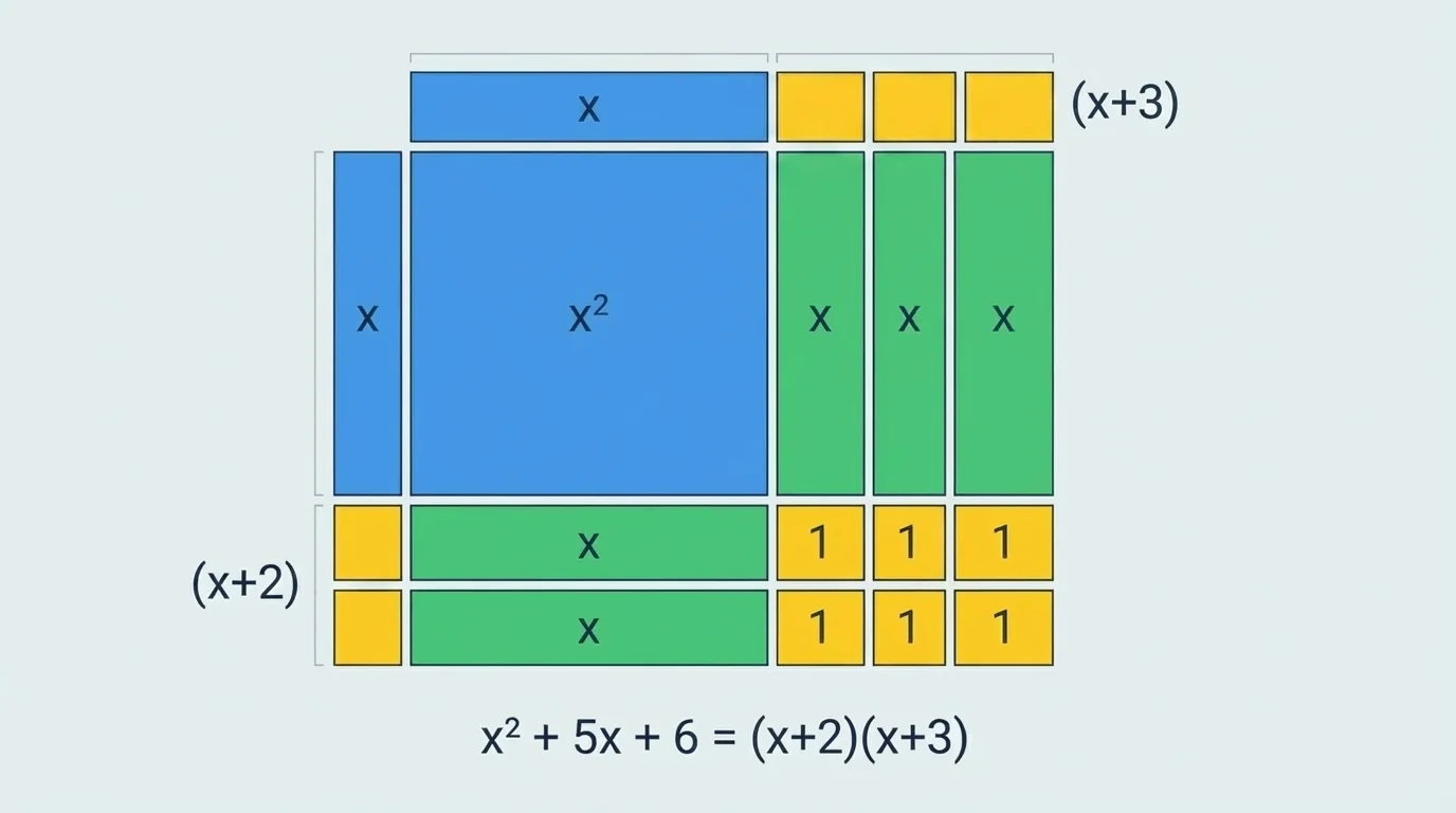 Algebra-tile style rectangle showing x^2 + 5x + 6 broken into x^2, 5x, and 6 pieces, corresponding to factors (x+2)(x+3)