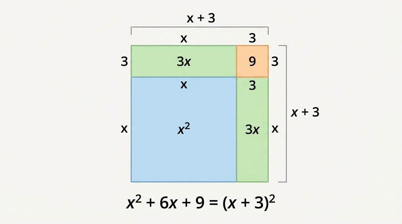 Square of side x with added rectangles and a small corner square to form a larger square, illustrating x^2 + 6x + 9 = (x+3)^2