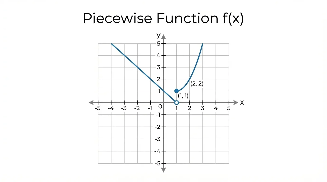 coordinate plane showing a piecewise function with a line for x less than 1 ending in an open circle at x=1 and a parabola branch for x greater than or equal to 1 beginning with a closed circle