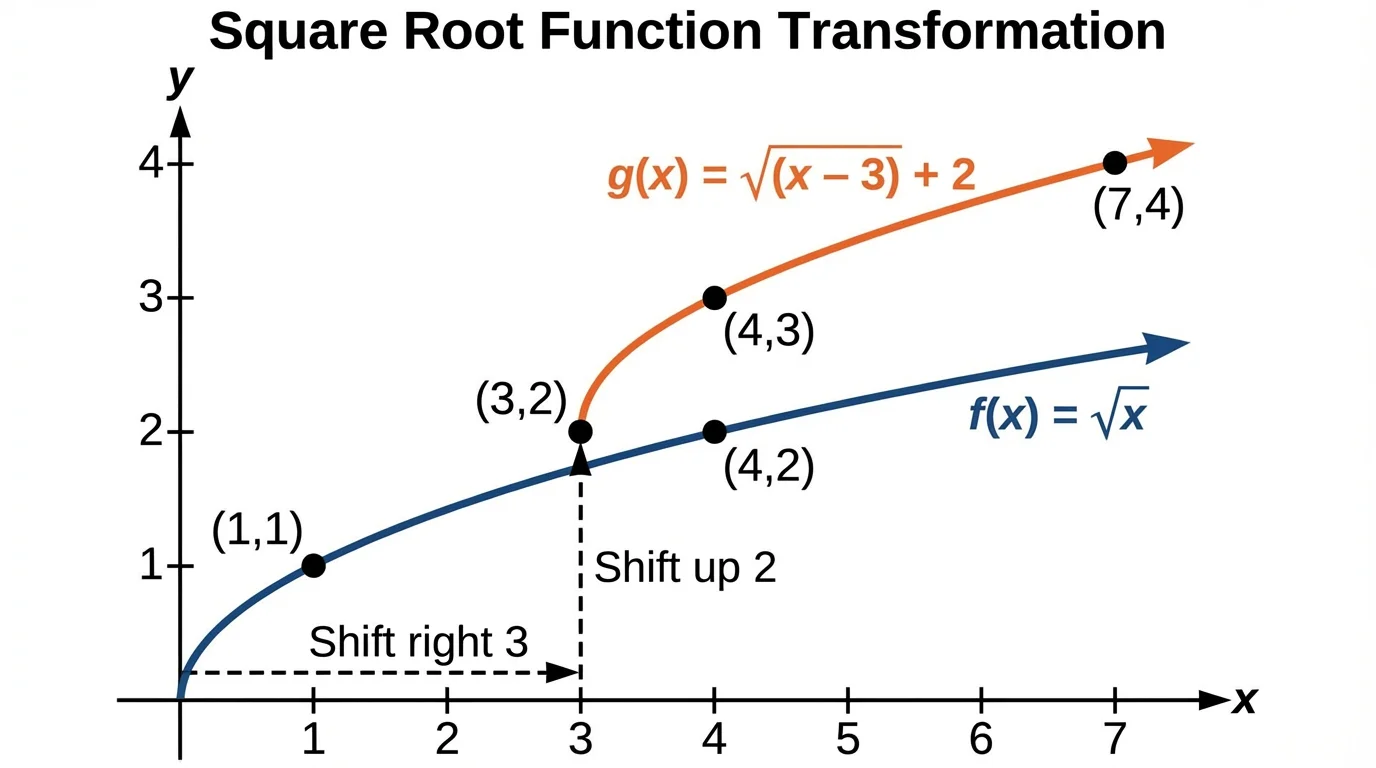 coordinate plane showing parent square root graph and translated graph shifted right 3 and up 2 with arrows from the original start point to the new start point