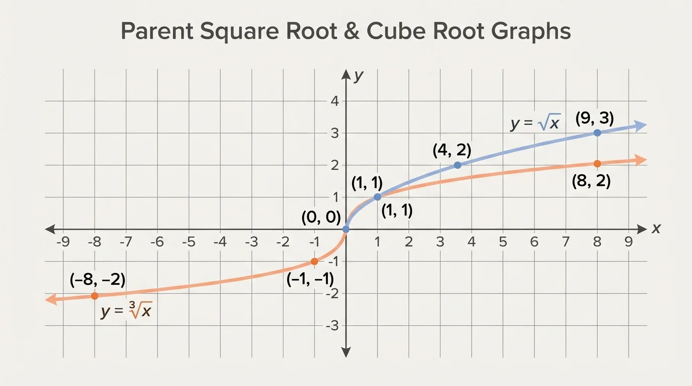 coordinate plane comparing the parent square root graph and parent cube root graph with key points labeled and distinct colors