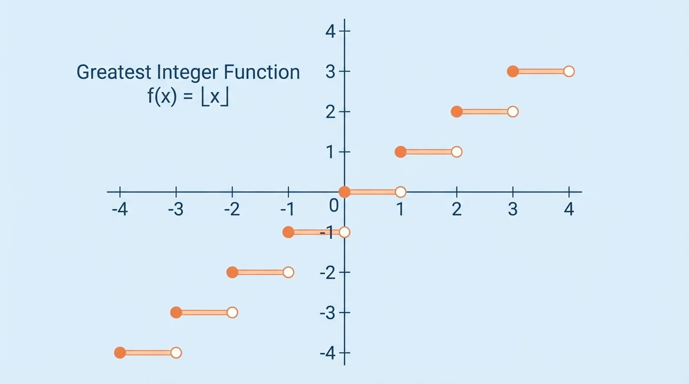 staircase graph of the greatest integer function with horizontal steps and open-closed endpoint markers at each integer jump