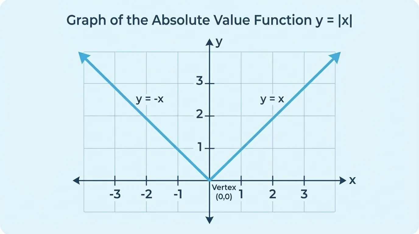 coordinate plane showing the absolute value graph with left branch y=-x and right branch y=x meeting at the vertex at the origin