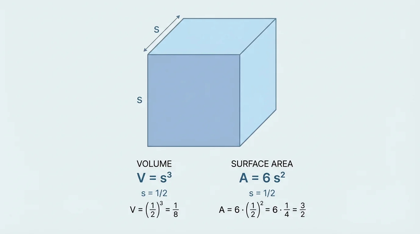 Labeled cube with edge s, one face shaded, all 6 faces indicated, showing the cube as a real object for volume and surface area