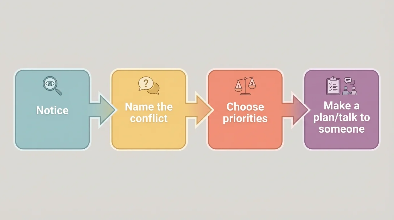 A simple four-step flowchart with boxes labeled "Notice", "Name the conflict", "Choose priorities", "Make a plan/talk to someone", with arrows connecting them in order.
