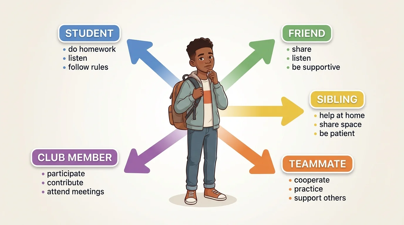 A middle school student in the center with labeled arrows pointing outward to roles: "student", "friend", "sibling", "teammate", "club member". Under each role label, a few short expectation phrases like "do homework", "listen", "share", "help at home".