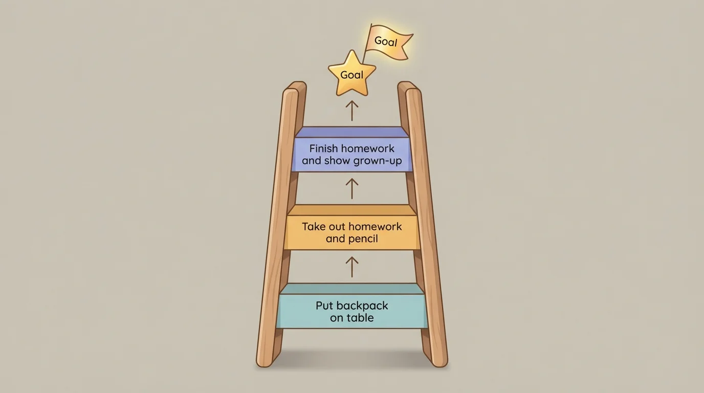 A simple ladder with three steps. Bottom step labeled "Put backpack on table," middle step labeled "Take out homework and pencil," top step labeled "Finish homework and show grown-up," with a small star or flag at the very top labeled "Goal."