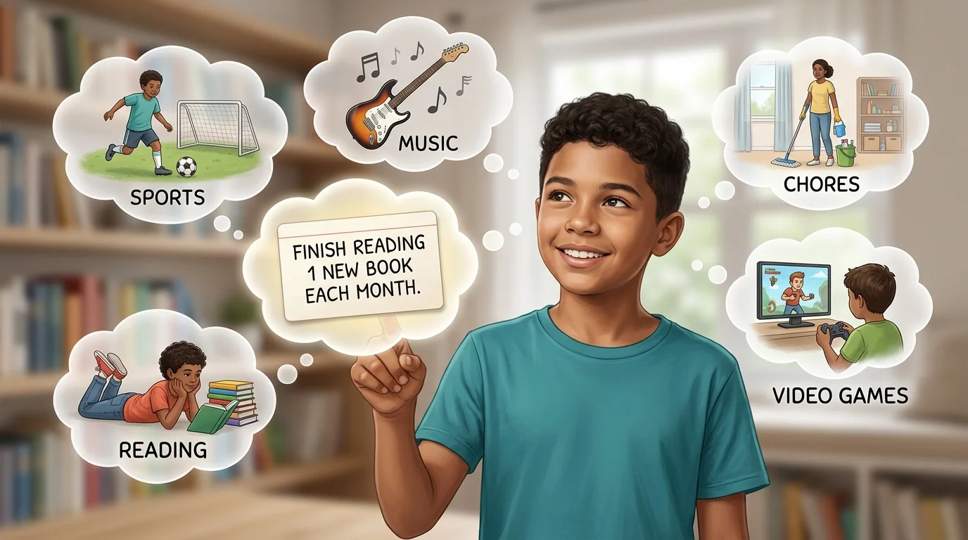 Child with many thought bubbles showing different ideas (video games, sports, music, reading, chores), and the child choosing and pointing to one bubble that says a short, clear goal written on a notecard.