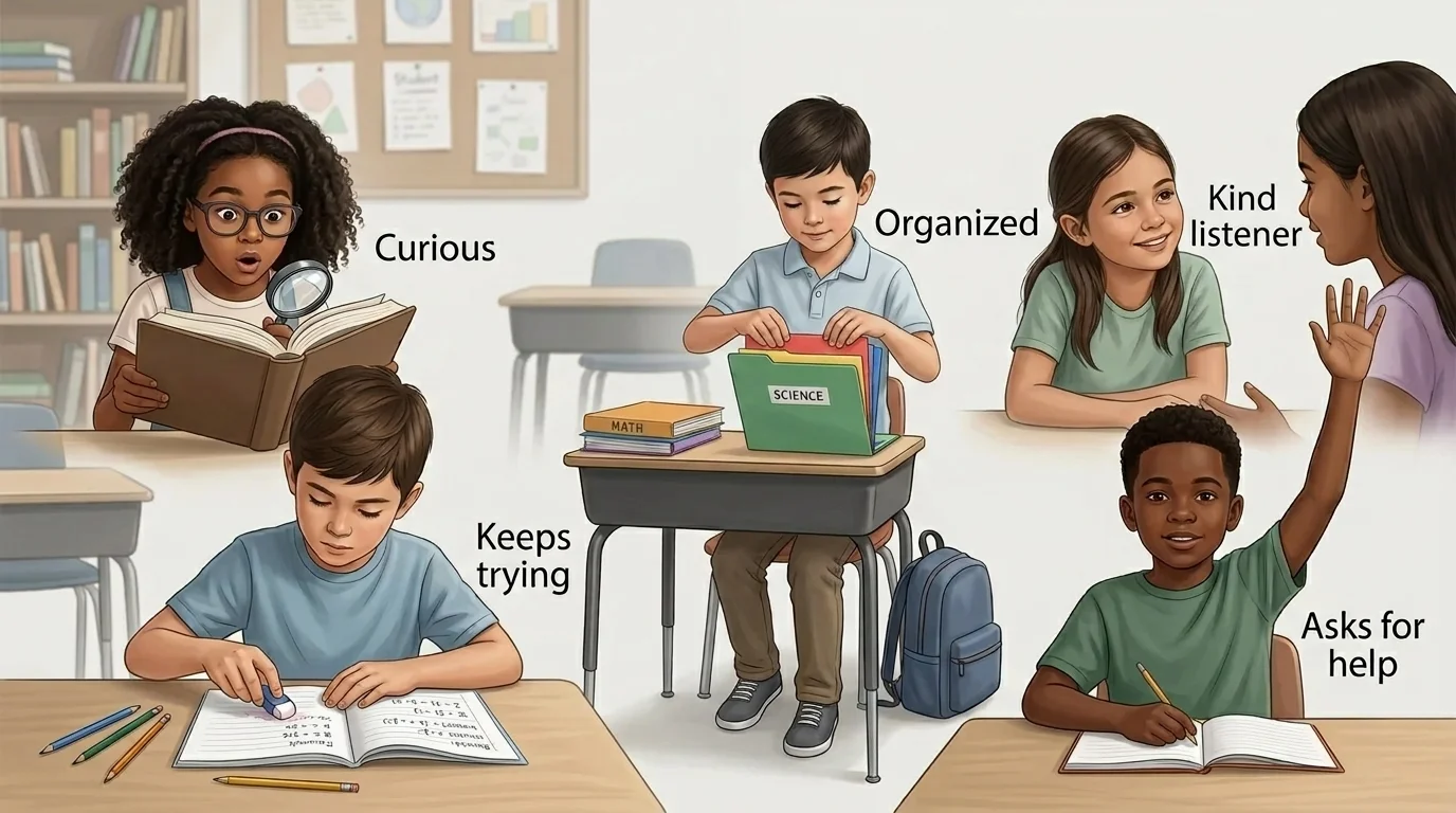 A group of diverse children in a classroom, each showing a different strength: one reading with a curious expression, one erasing and rewriting work (persistence), one putting papers into folders (organization), one listening to a friend (kindness), and one raising a hand to ask for help. Simple labels next to each child: "Curious", "Keeps trying", "Organized", "Kind listener", "Asks for help".