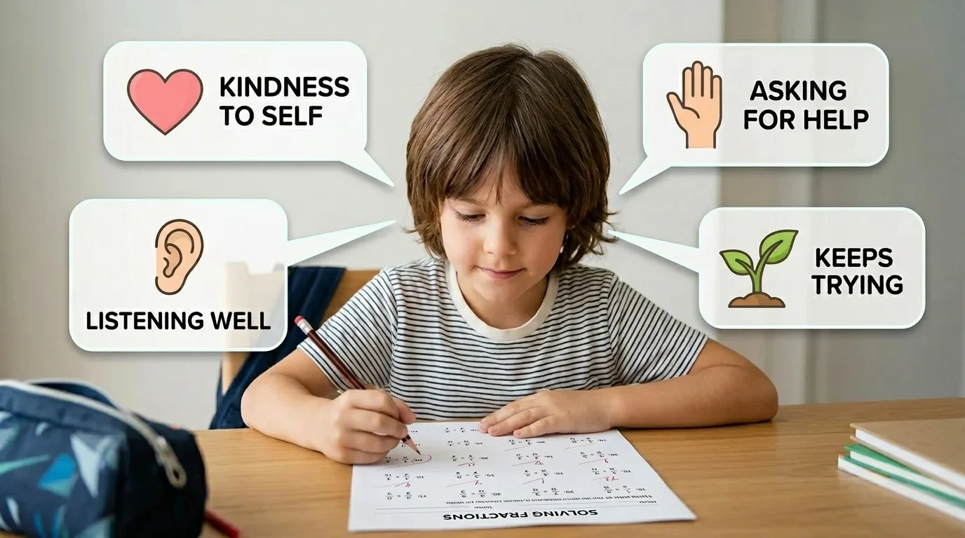 A child sitting at a desk with a difficult homework sheet, thought bubbles around their head showing different strengths: a heart for kindness to self, an ear for listening, a hand raised for asking for help, and a little plant labeled "keeps trying" for persistence.