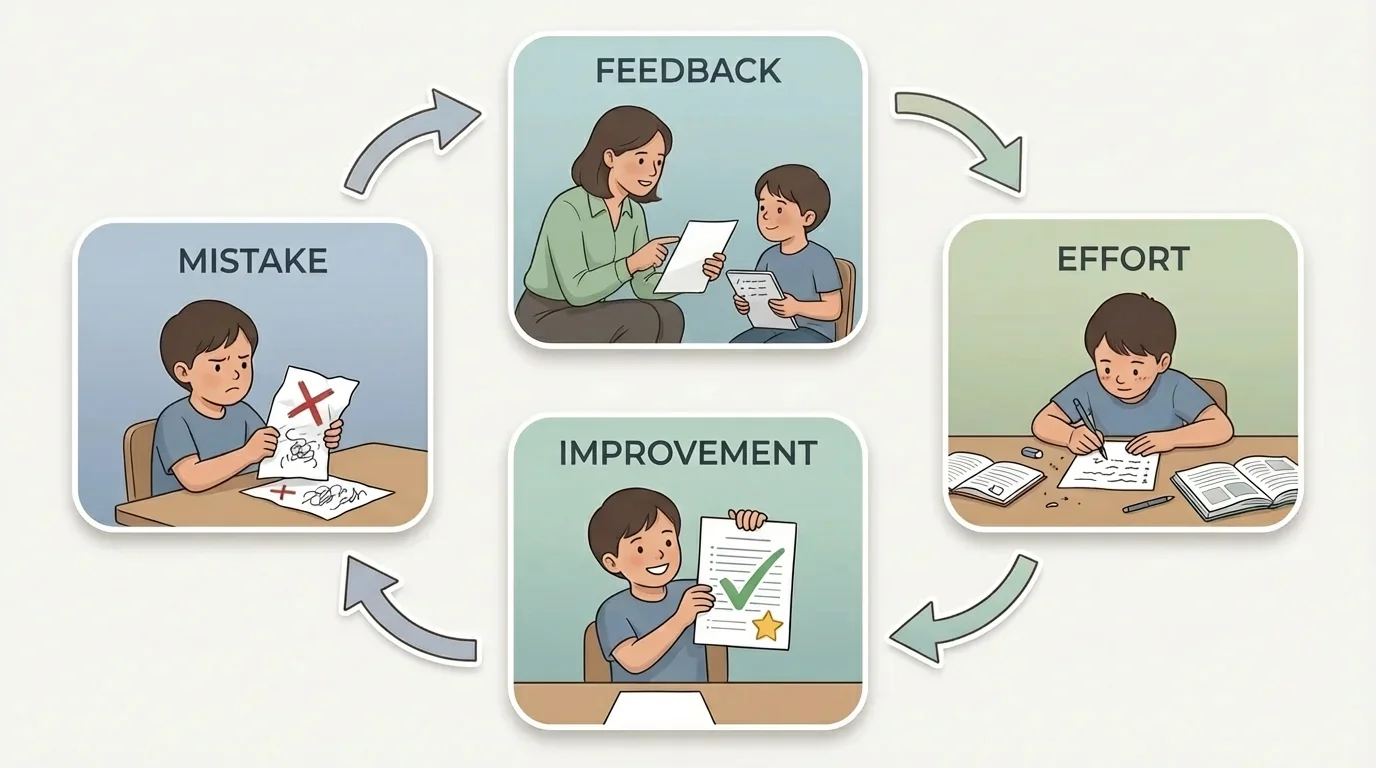 A simple loop with four pictures and arrows: child making a mistake (paper with X), teacher giving feedback, child practicing with effort, child holding improved work with a smile. Each part labeled "Mistake", "Feedback", "Effort", "Improvement".