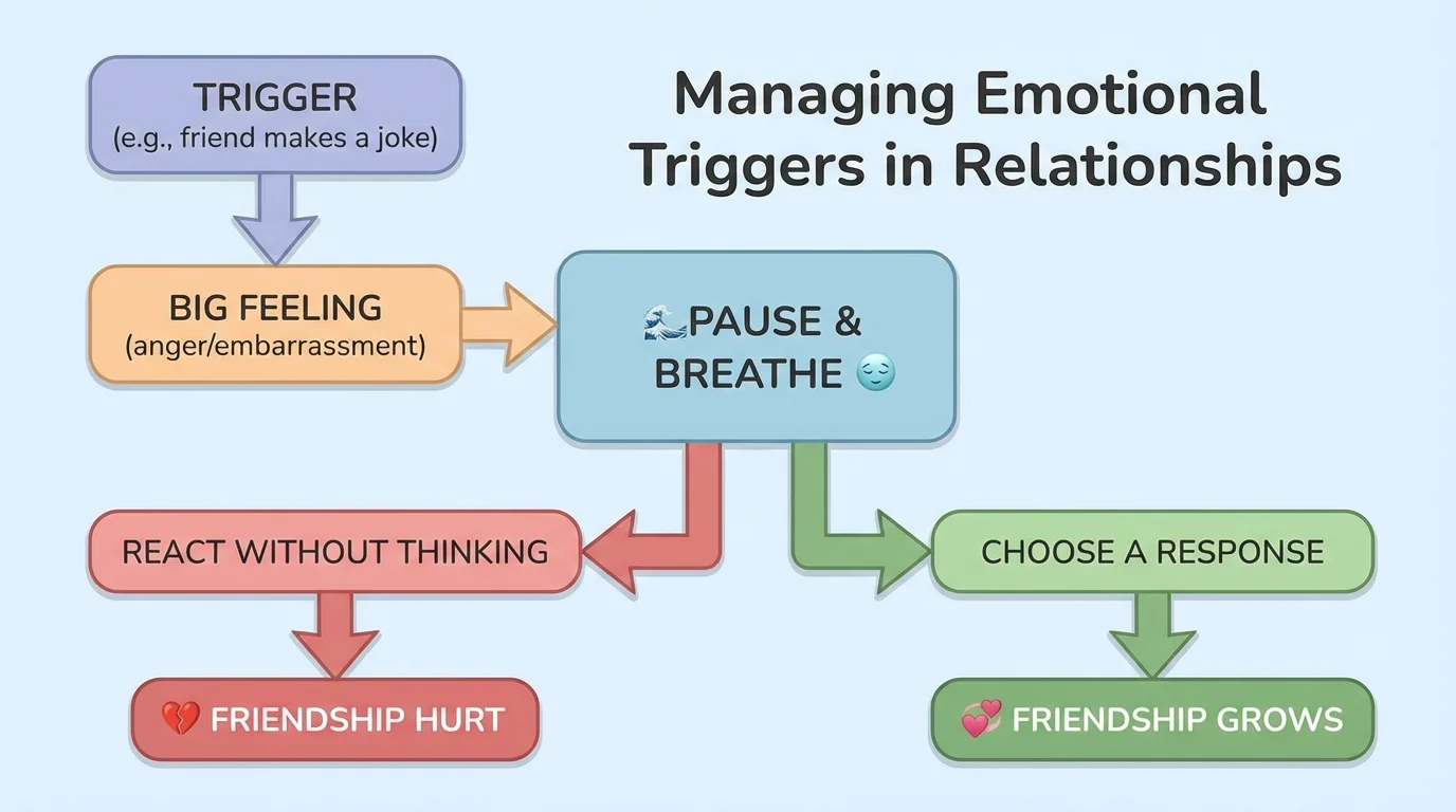 Flowchart with boxes labeled "Trigger (e.g., friend makes a joke)", then "Big Feeling (anger/embarrassment)", then "Pause & Breathe", then two branches: one to "React without thinking" (yelling, mean text) and one to "Choose a response" (use kind words, ask a question). Each branch leads to different outcomes like "Friendship hurt" vs "Friendship grows".