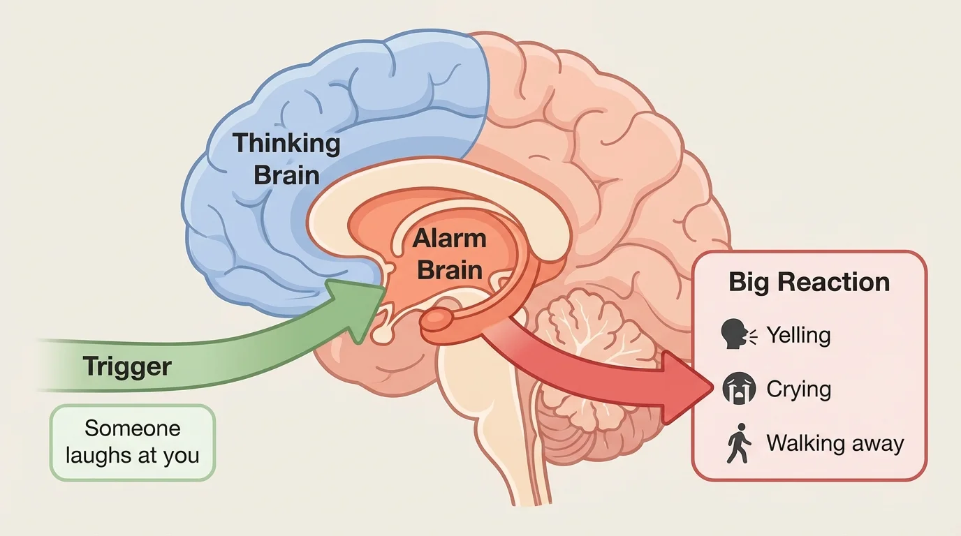 Simple drawing of a brain split into two labeled areas: "Thinking Brain" at the front and "Alarm Brain" deeper inside. An arrow labeled "Trigger" (like "Someone laughs at you") points to the Alarm Brain, and another arrow goes from Alarm Brain to "Big Reaction" (yelling, crying, walking away).