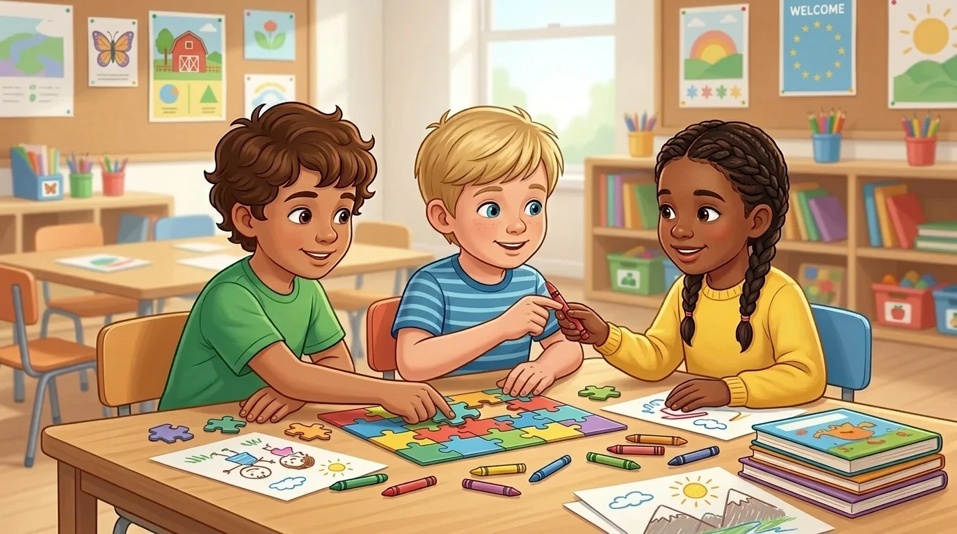 In a classroom, one child helps another with a puzzle at a table, while a third child shares crayons; the children look friendly and cooperative