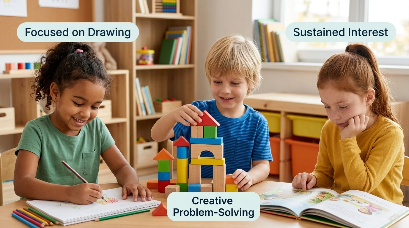 Three children in a classroom, one happily drawing, one building blocks, and one reading a picture book, each looking focused and smiling