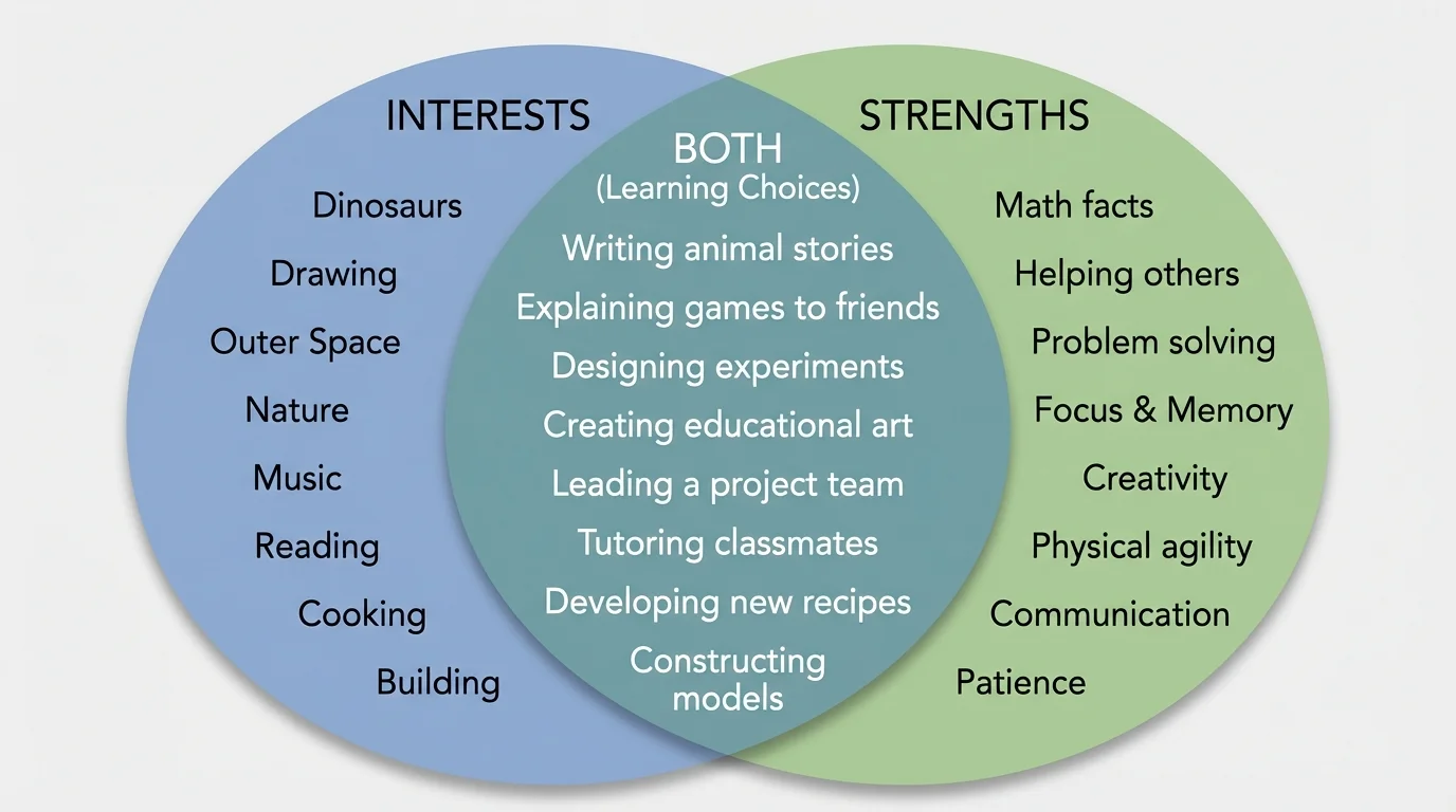 A simple two-circle Venn diagram. Left circle labeled "Interests" with examples like "Dinosaurs", "Drawing". Right circle labeled "Strengths" with examples like "Math facts", "Helping others". Overlapping middle labeled "Both" with examples like "Writing animal stories" and "Explaining games to friends".
